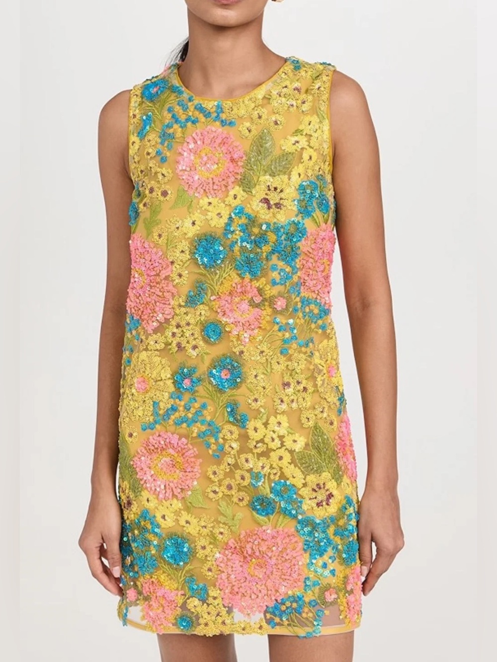 Yellow Floral Embroidered Sleeveless Shift Dress